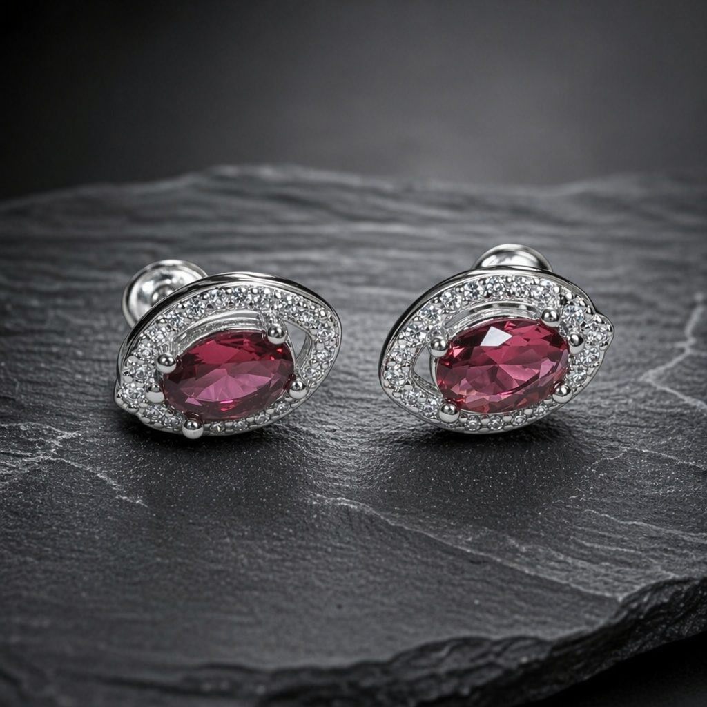 233016 Red stone - Elegant Silver Studs - Image 1